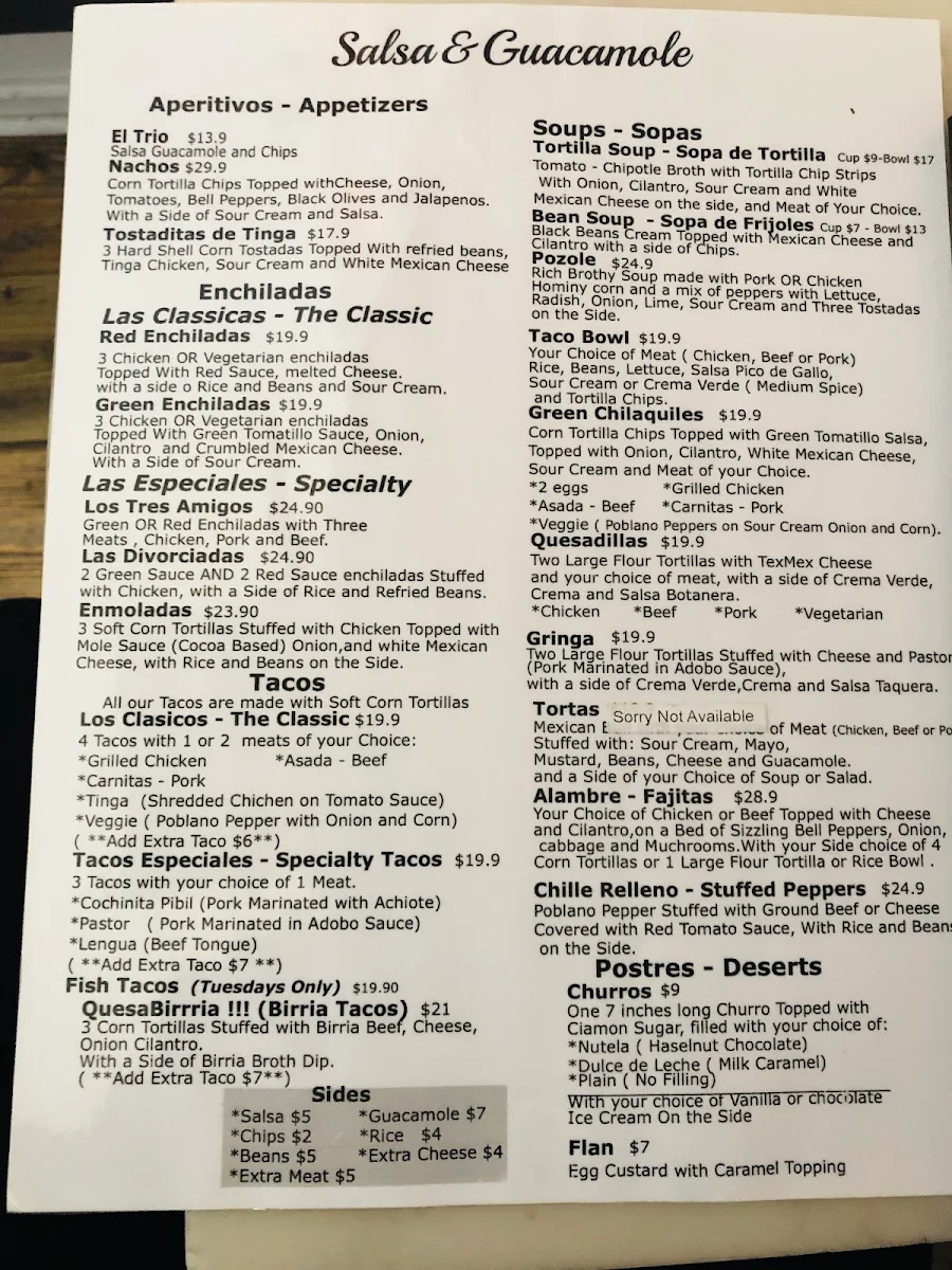 Menu, Salsa & Guacamole