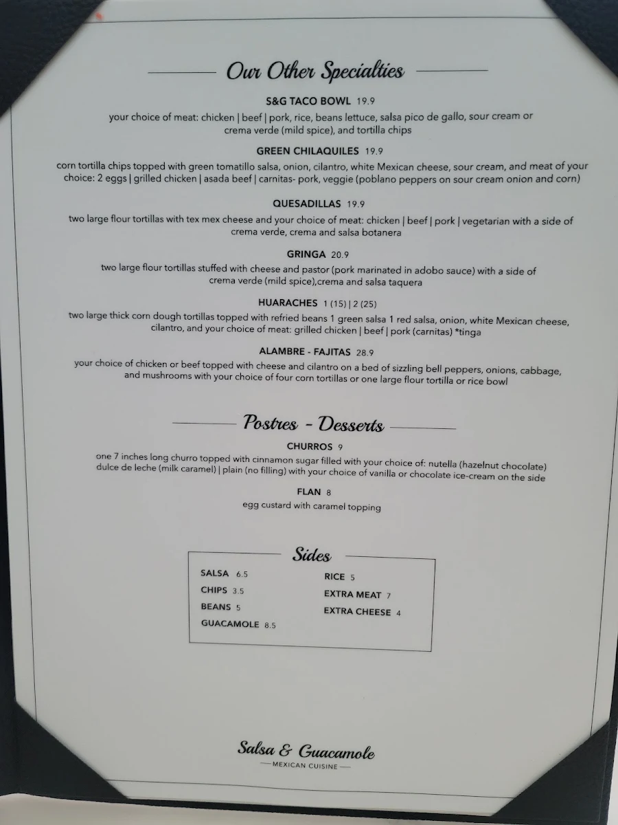 Menu, Salsa & Guacamole
