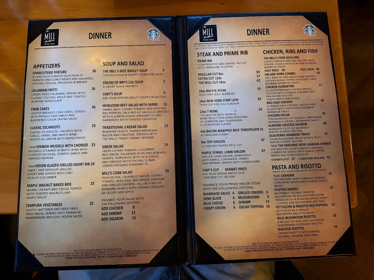Menu, The Mill Steakhouse and Wine Bar