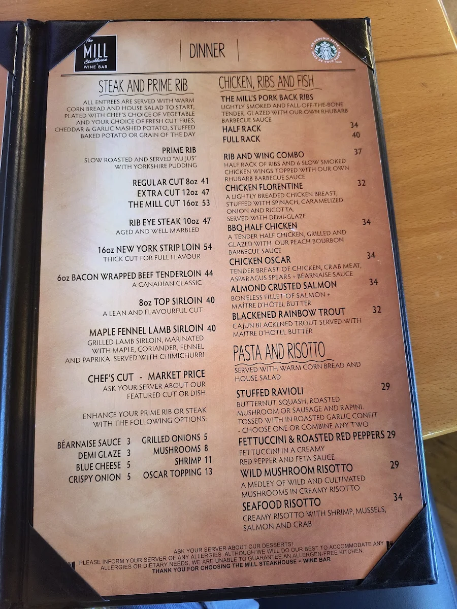 Menu, The Mill Steakhouse and Wine Bar