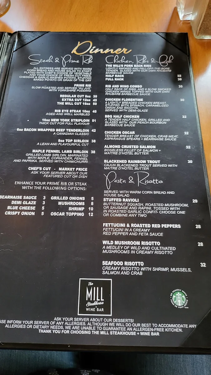 Menu, The Mill Steakhouse and Wine Bar