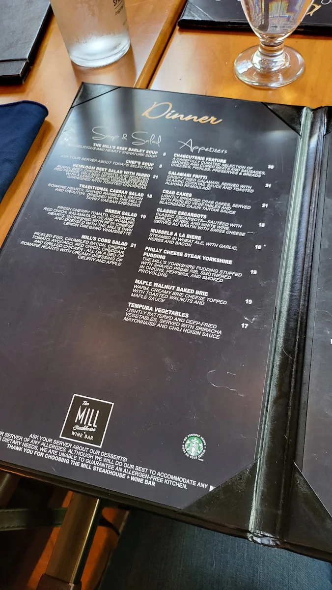 Menu, The Mill Steakhouse and Wine Bar
