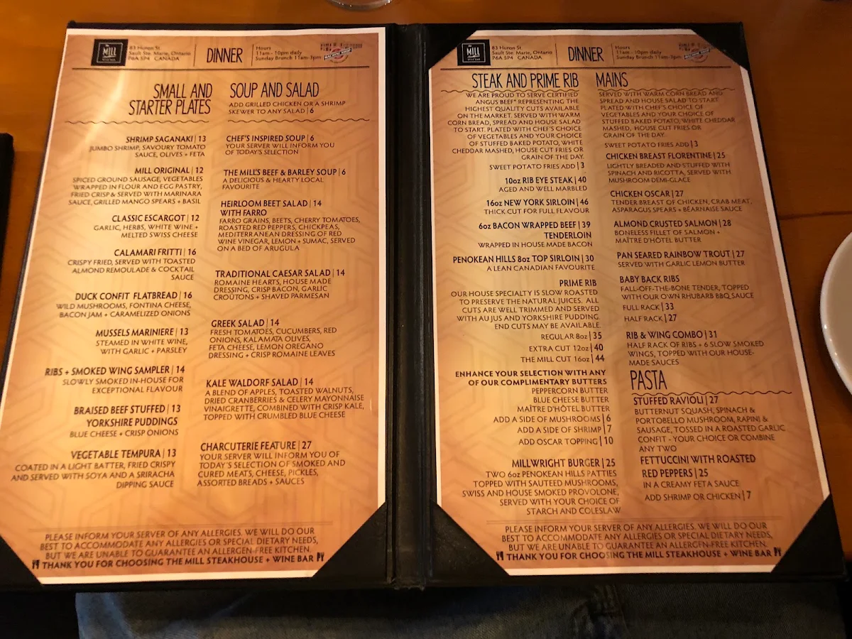 Menu, The Mill Steakhouse and Wine Bar