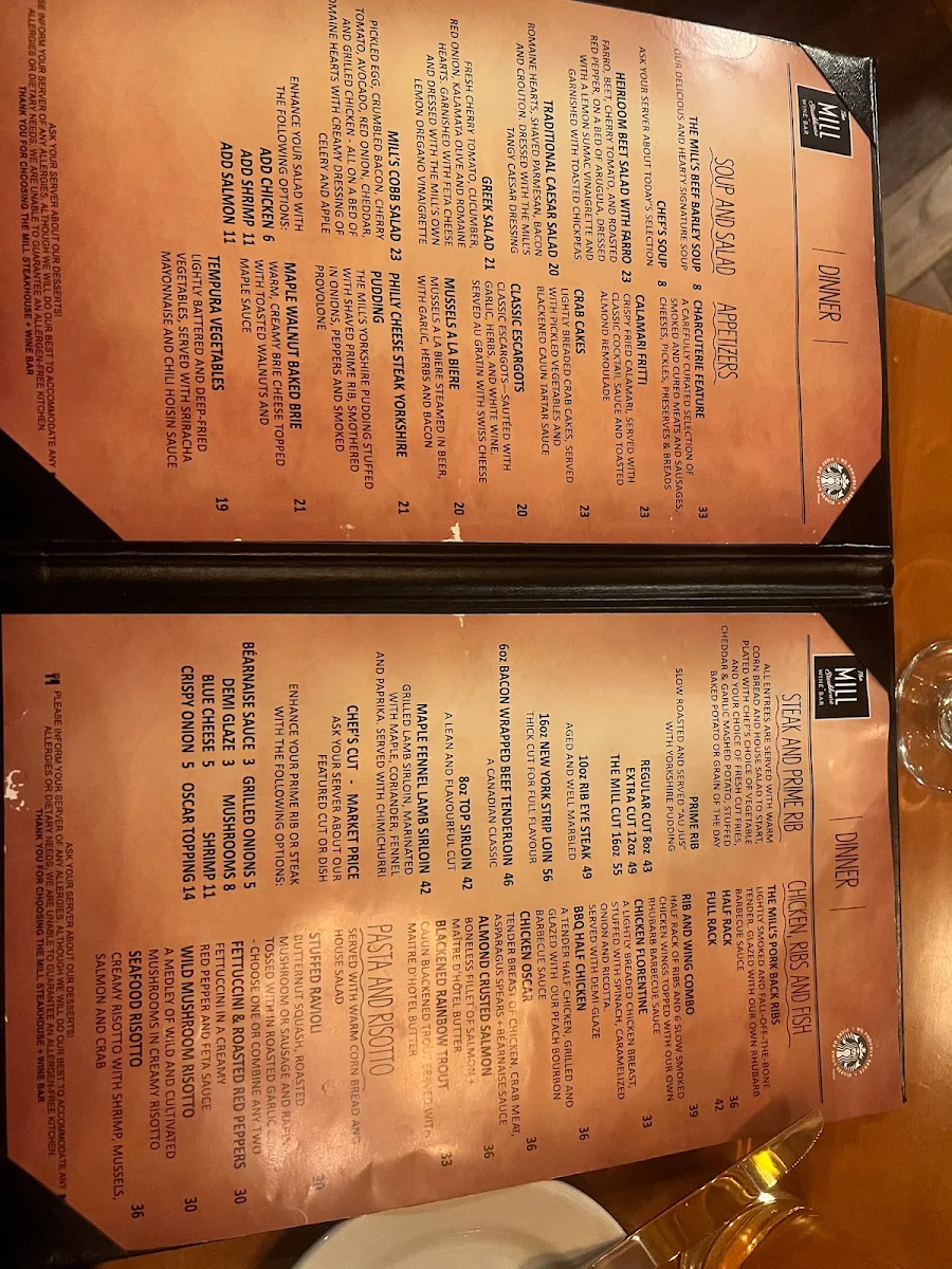 Menu, The Mill Steakhouse and Wine Bar