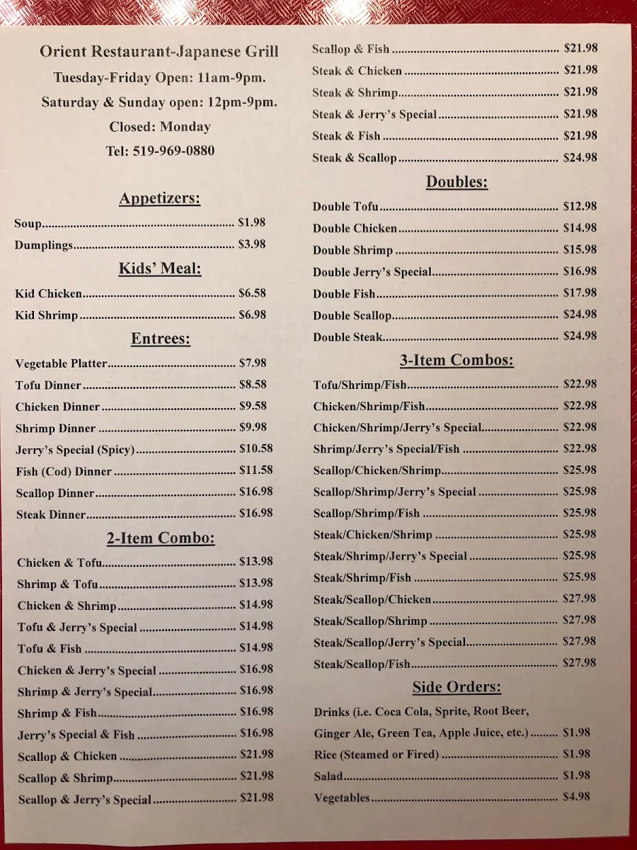 Menu, Orient Restaurant-Japanese Grill