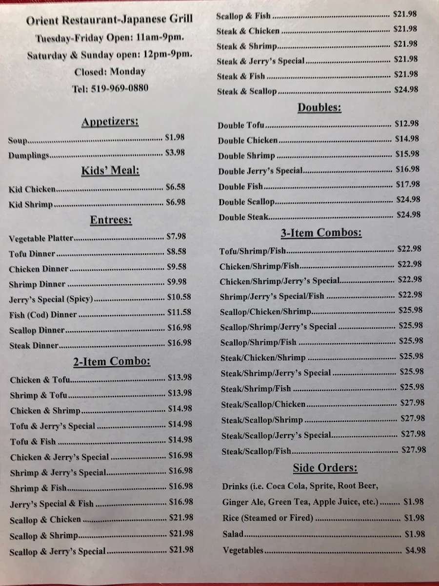 Menu, Orient Restaurant-Japanese Grill