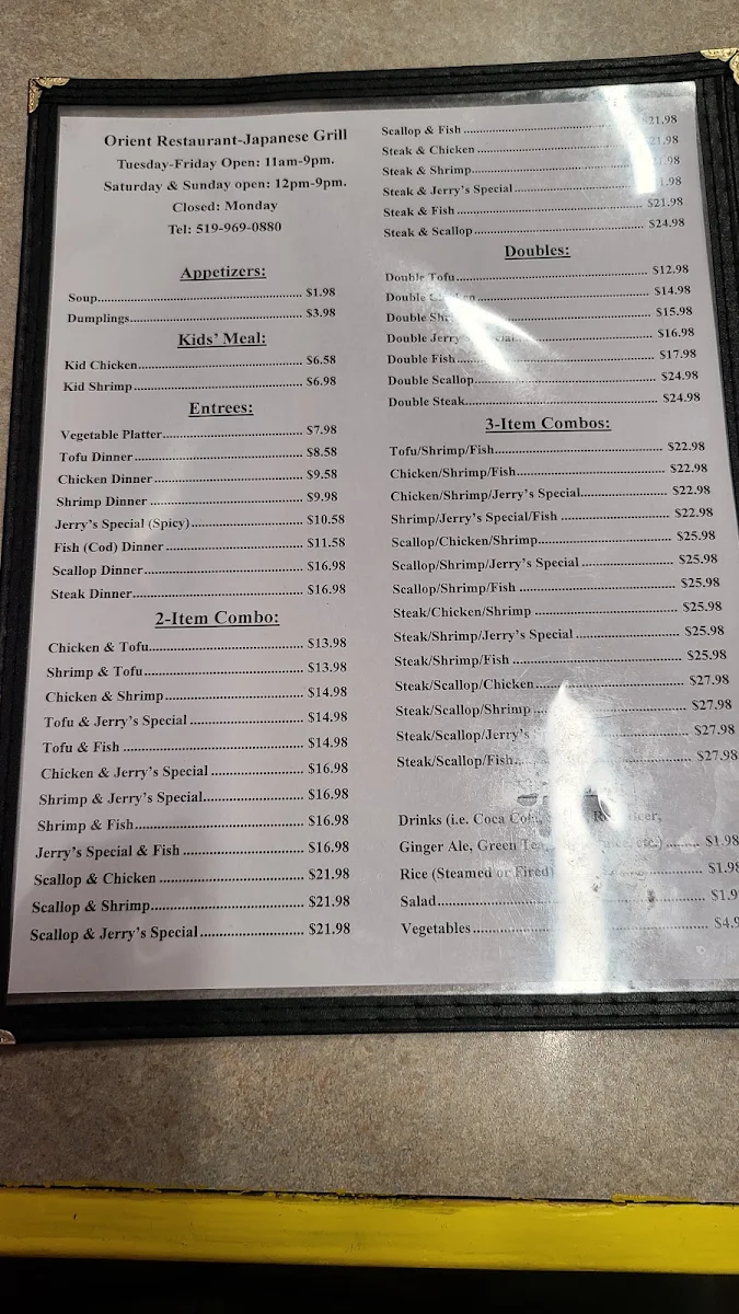 Menu, Orient Restaurant-Japanese Grill