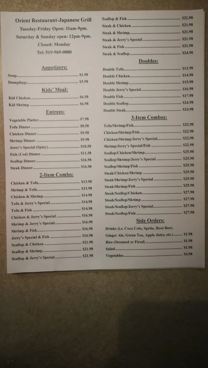Menu, Orient Restaurant-Japanese Grill