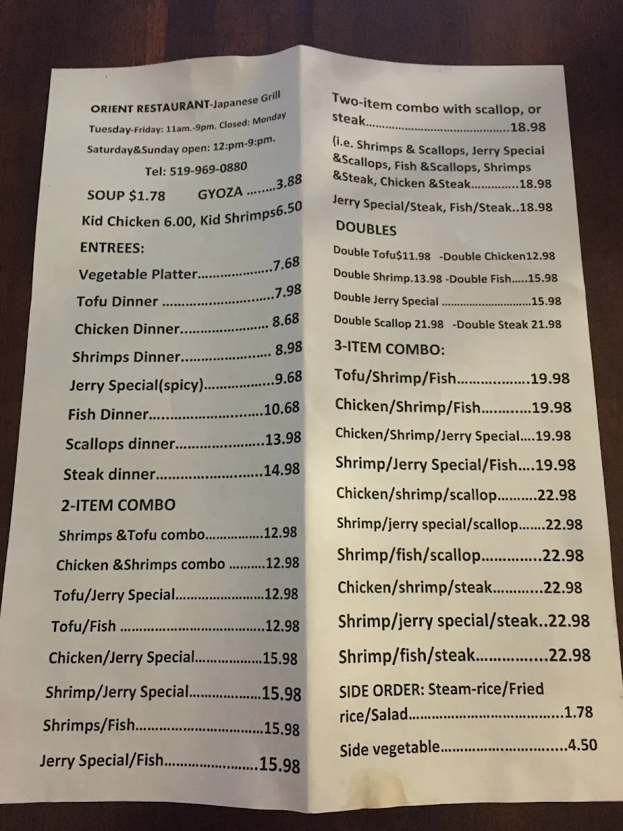 Menu, Orient Restaurant-Japanese Grill