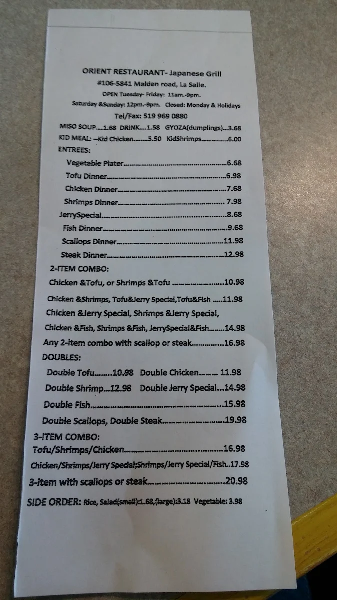 Menu, Orient Restaurant-Japanese Grill