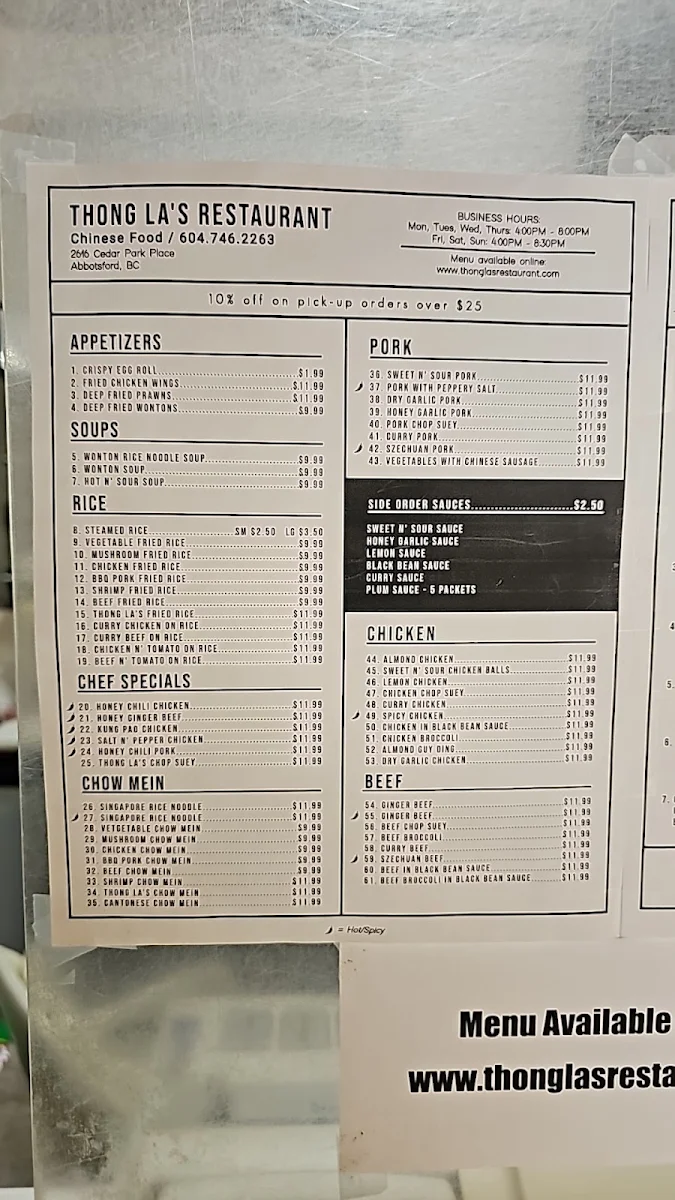Menu, Thong La's Restaurant