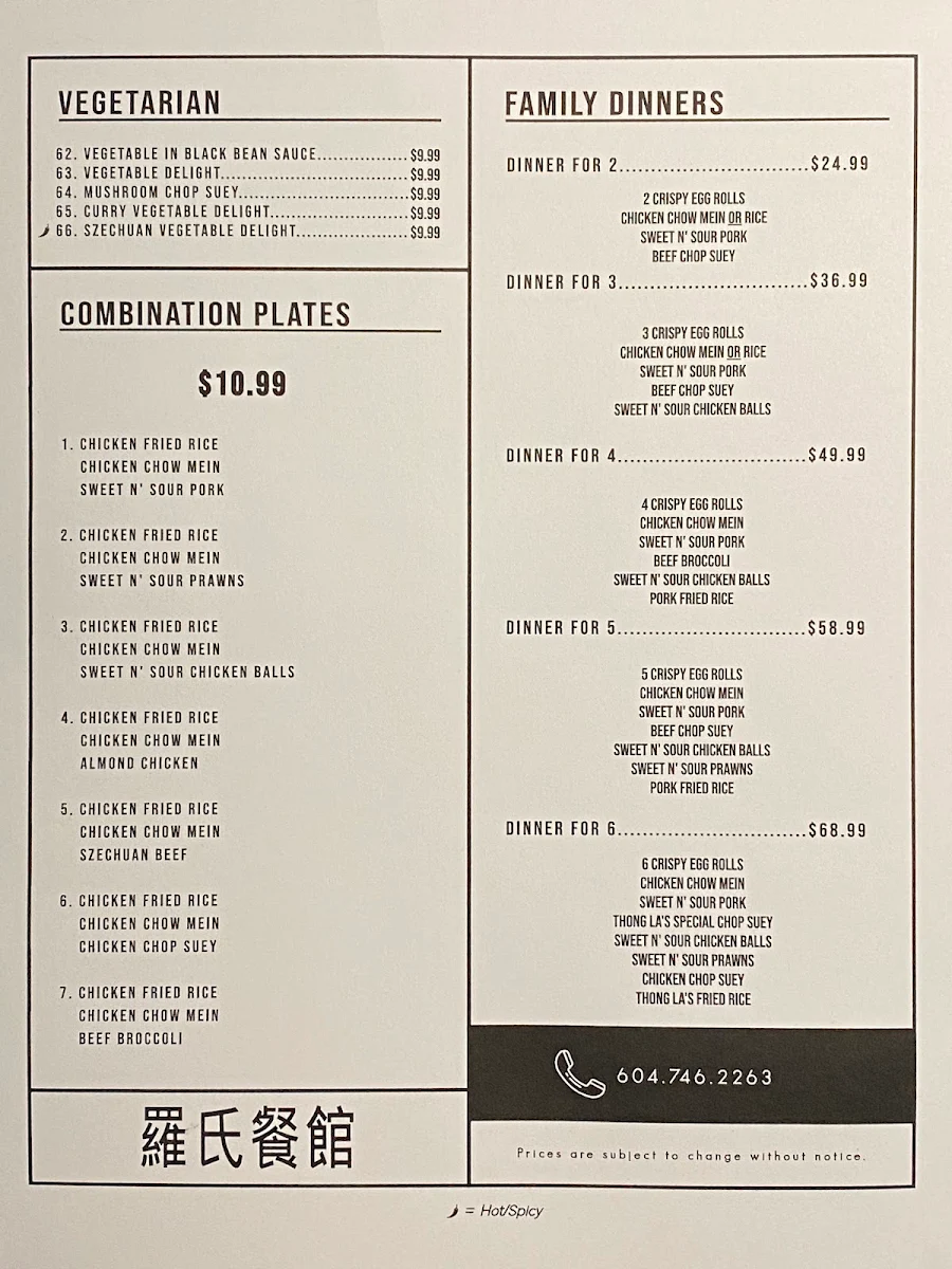 Menu, Thong La's Restaurant