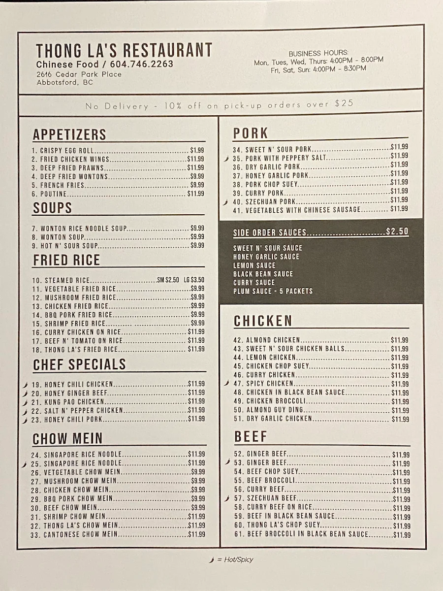 Menu, Thong La's Restaurant