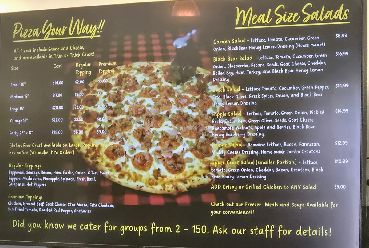 Menu, The St Joseph Island Black Bear Cafe Bakery & Catering
