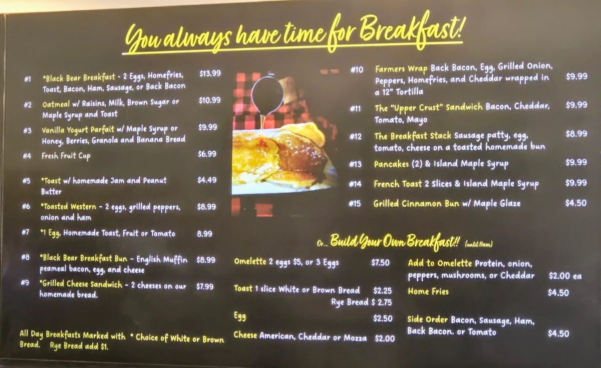 Menu, The St Joseph Island Black Bear Cafe Bakery & Catering