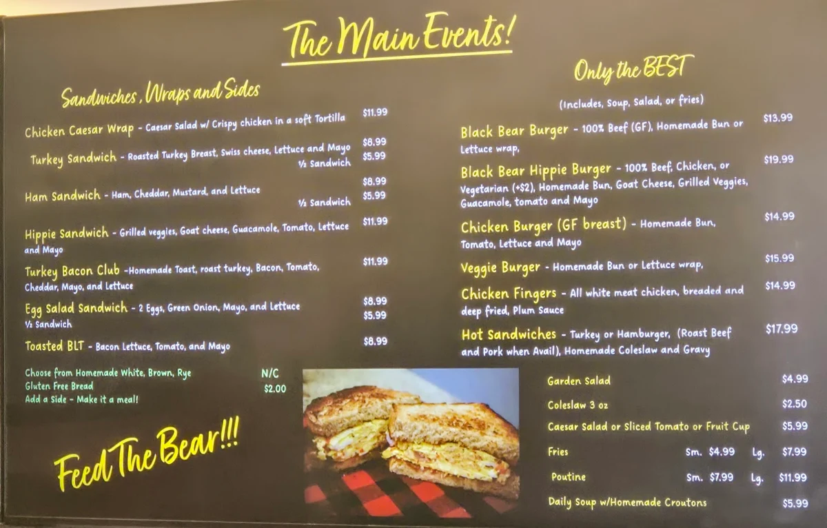 Menu, The St Joseph Island Black Bear Cafe Bakery & Catering