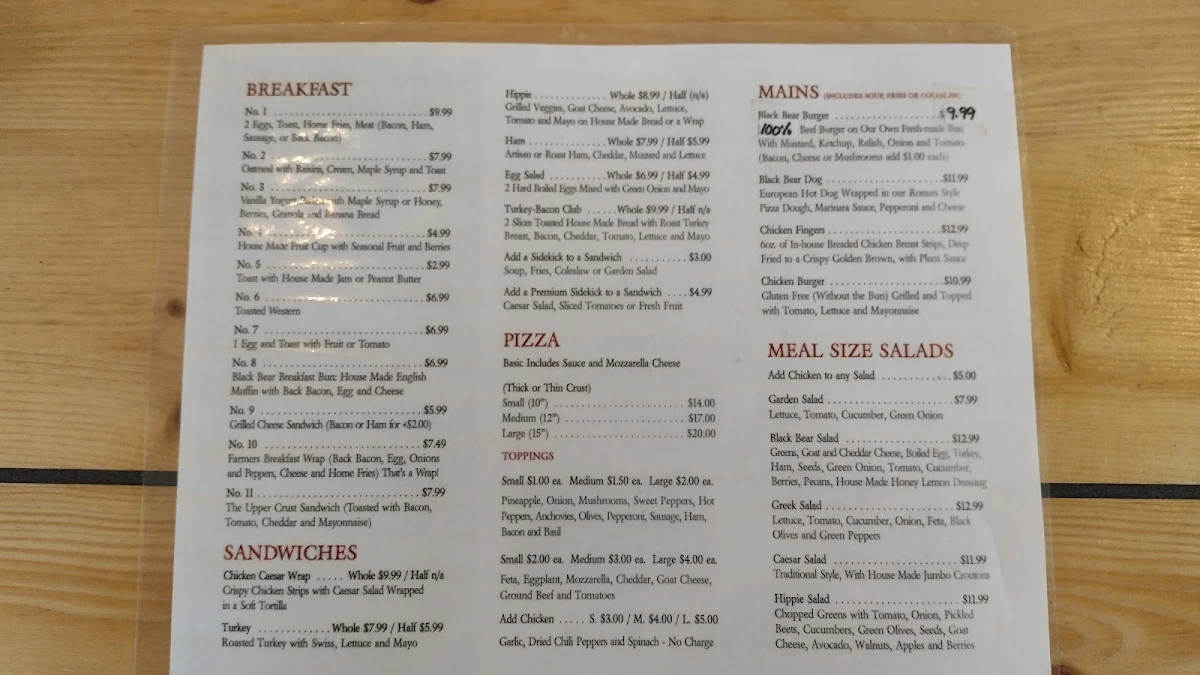 Menu, The St Joseph Island Black Bear Cafe Bakery & Catering