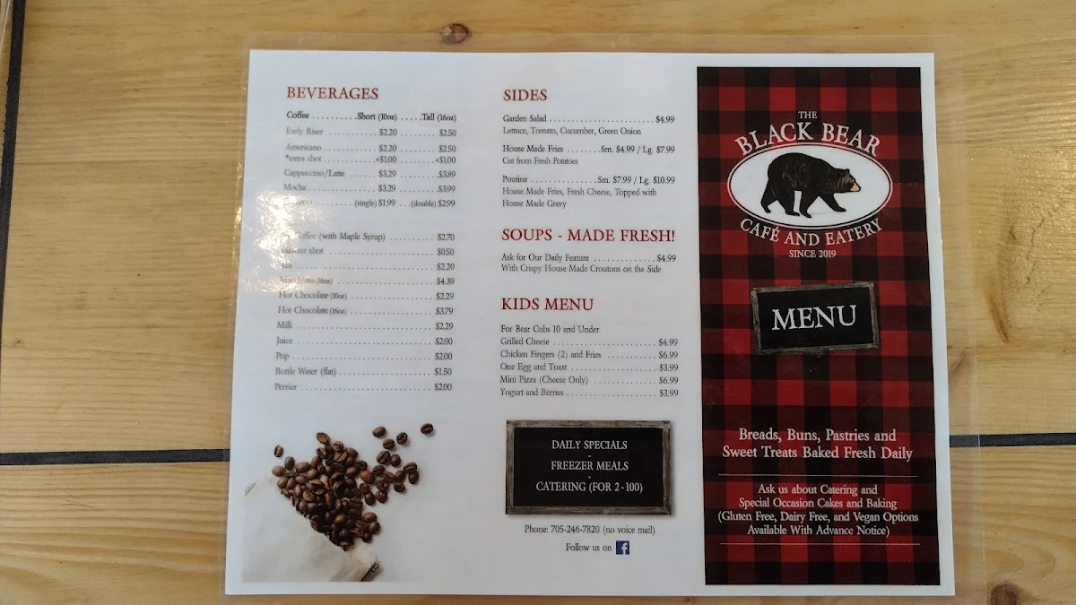Menu, The St Joseph Island Black Bear Cafe Bakery & Catering