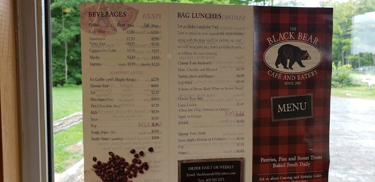 Menu, The St Joseph Island Black Bear Cafe Bakery & Catering
