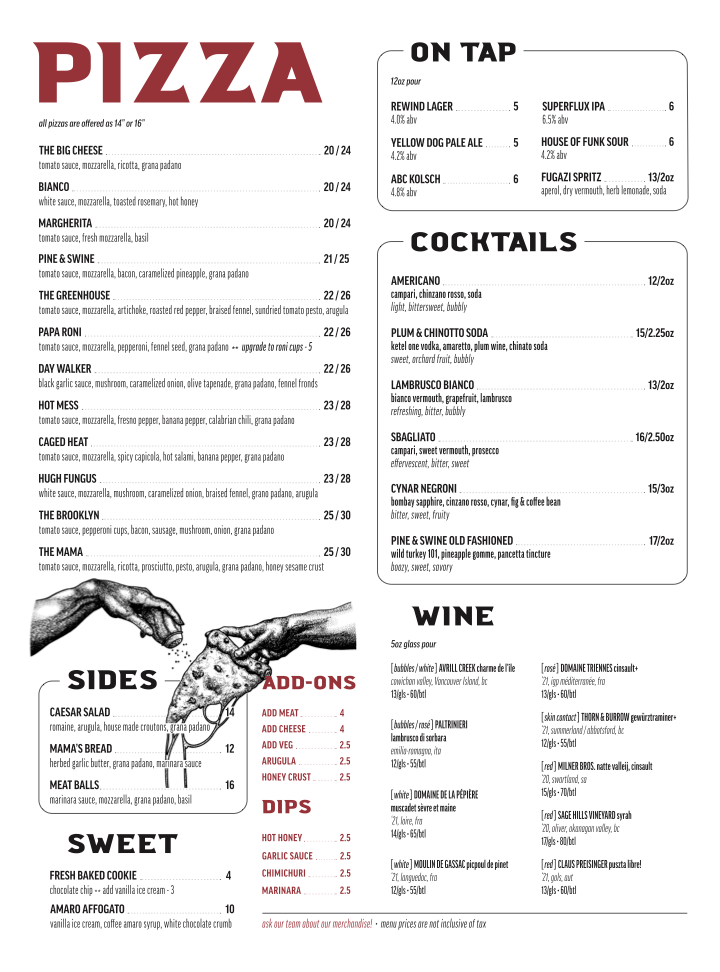 Menu, Mama Said Pizza Co.