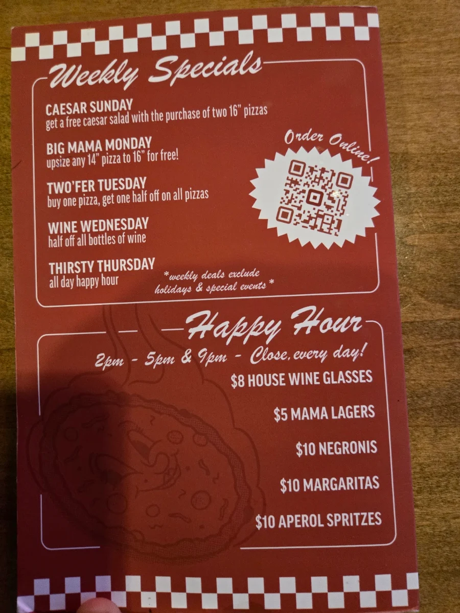 Menu, Mama Said Pizza Co.