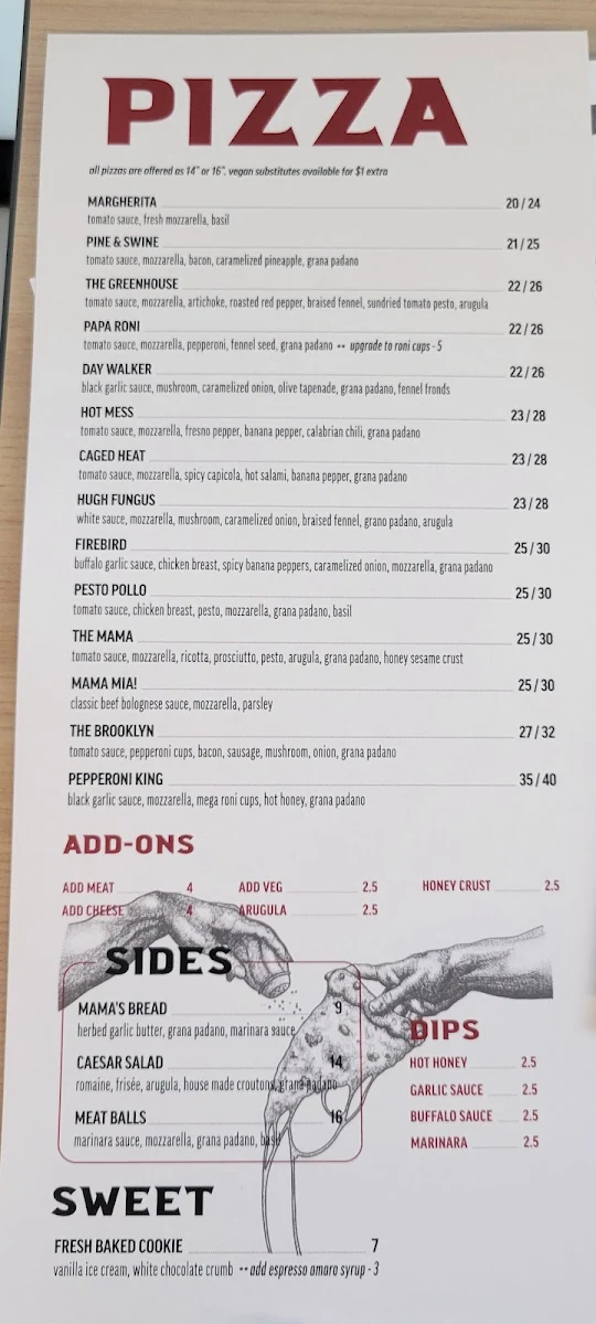 Menu, Mama Said Pizza Co.
