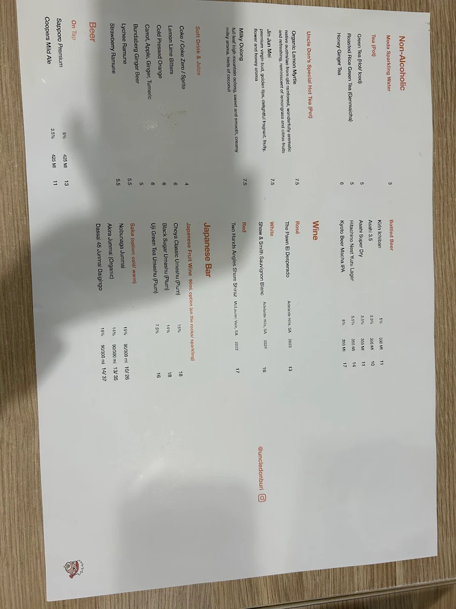 Menu, Uncle Don West End