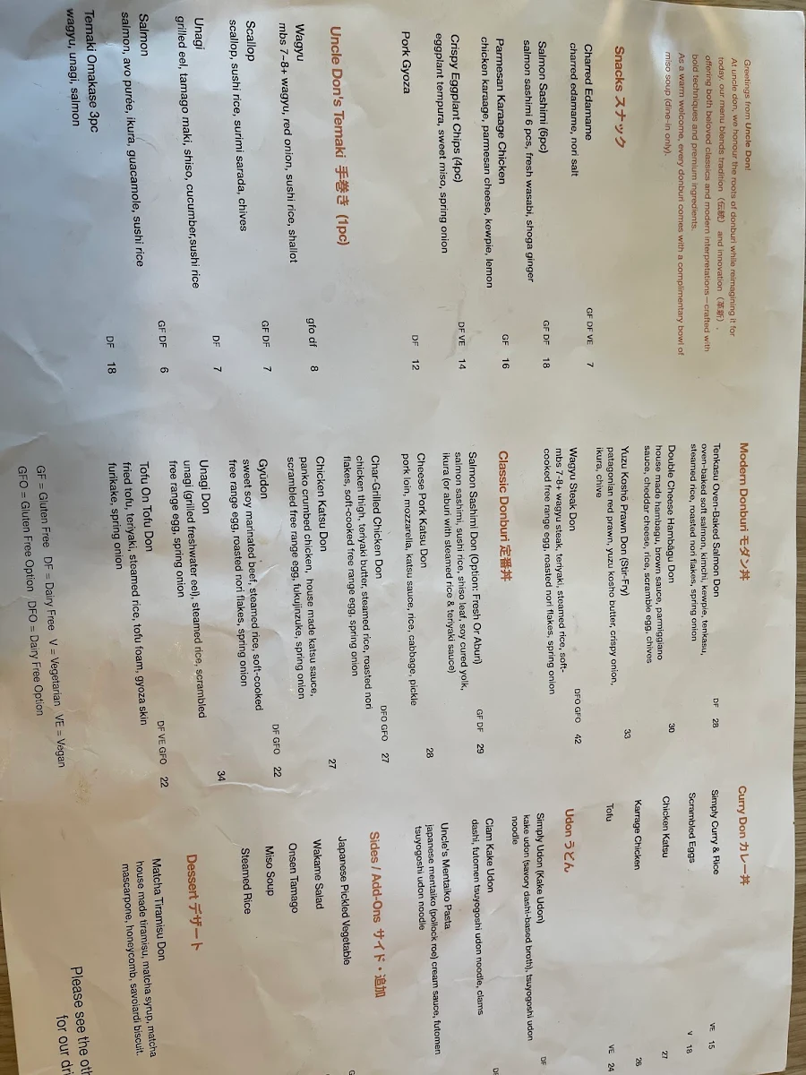 Menu, Uncle Don West End