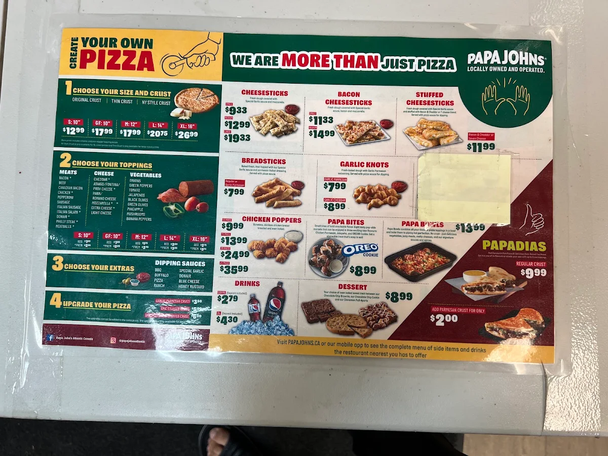 Menu, Papa Johns Pizza