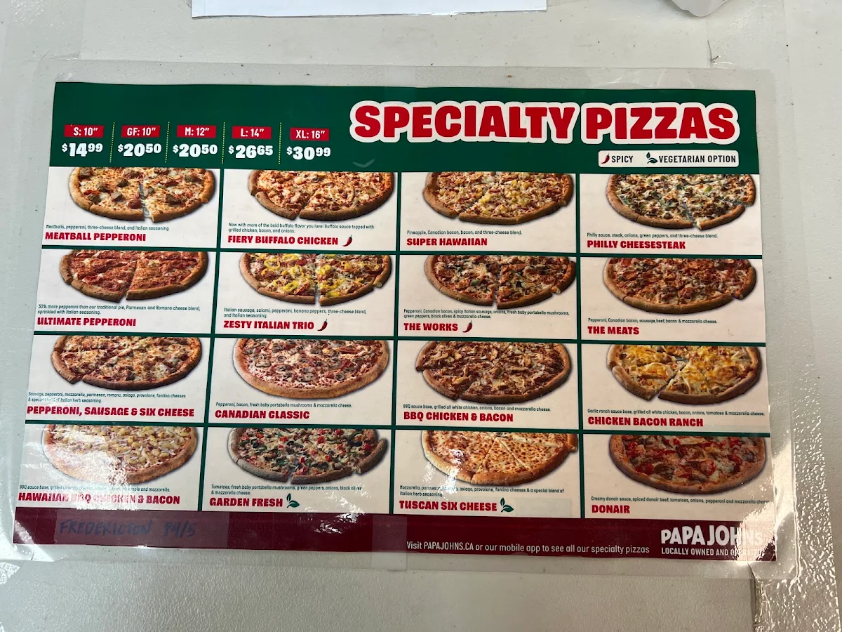 Menu, Papa Johns Pizza