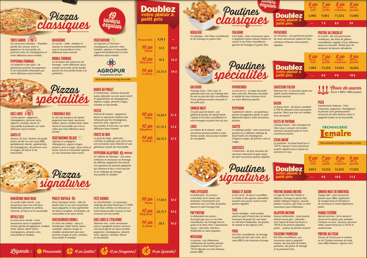 Menu, Chez Louis Poulet Et Pizza