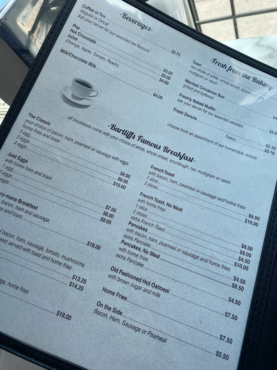 Menu, Bartliff's Bakery & Restaurant