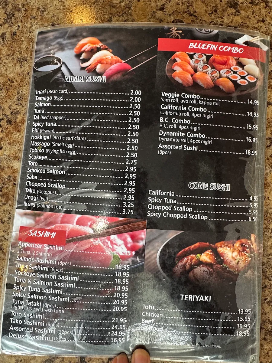 Menu, Bluefin Sushi