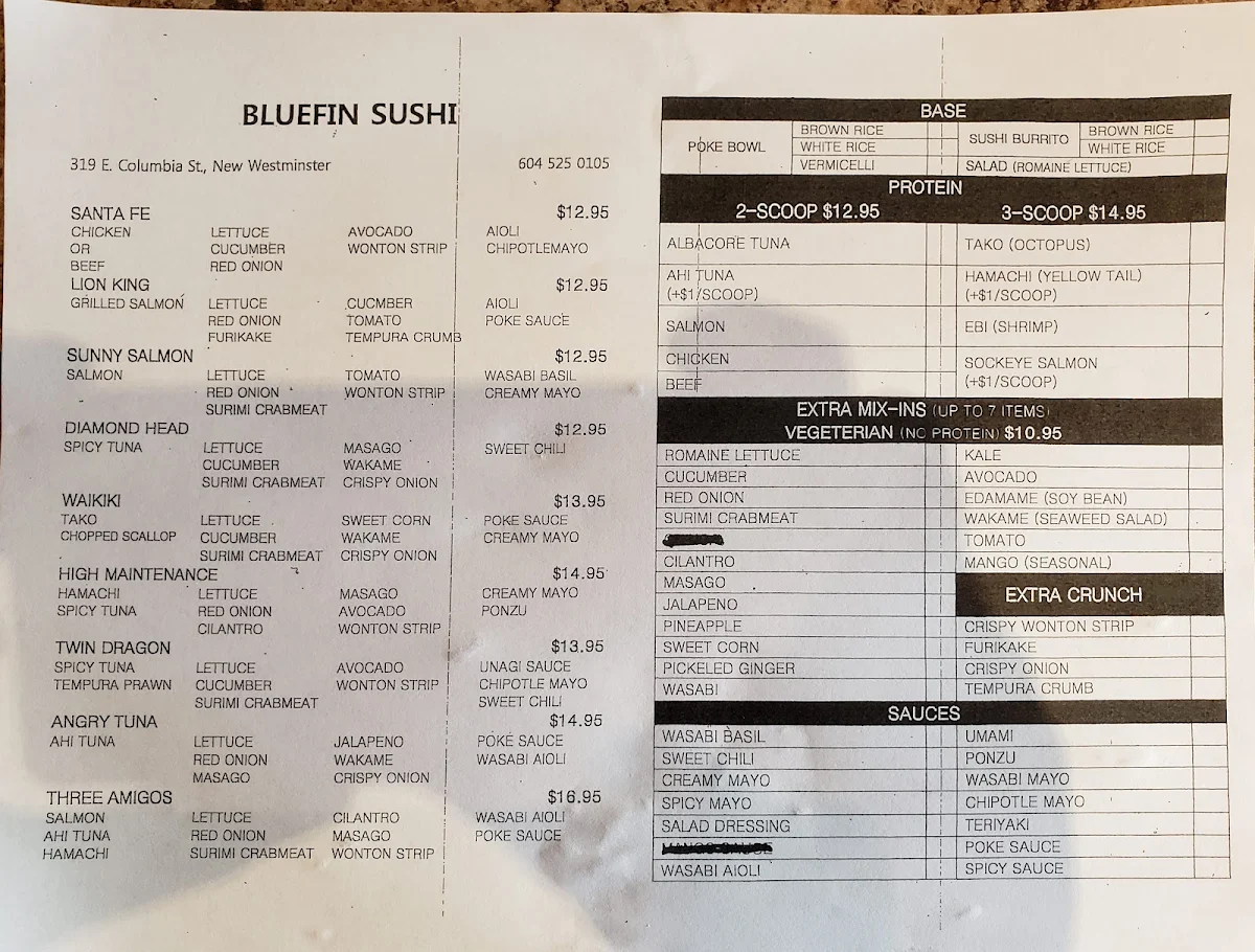 Menu, Bluefin Sushi