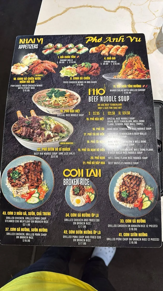 Menu, Pho Anh Vu Vaughan