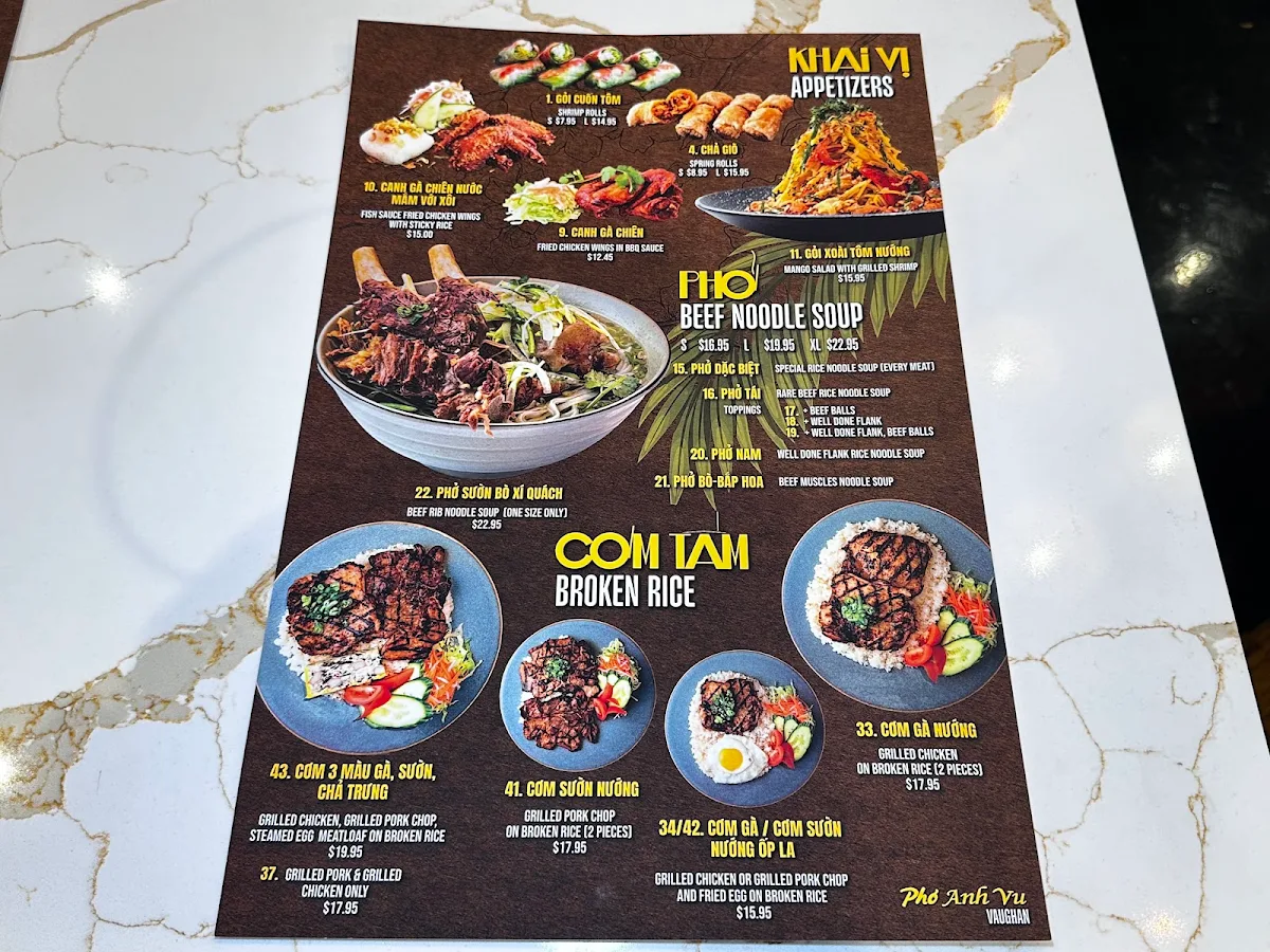 Menu, Pho Anh Vu Vaughan