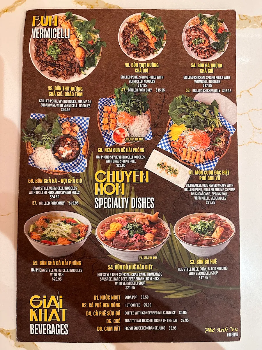 Menu, Pho Anh Vu Vaughan
