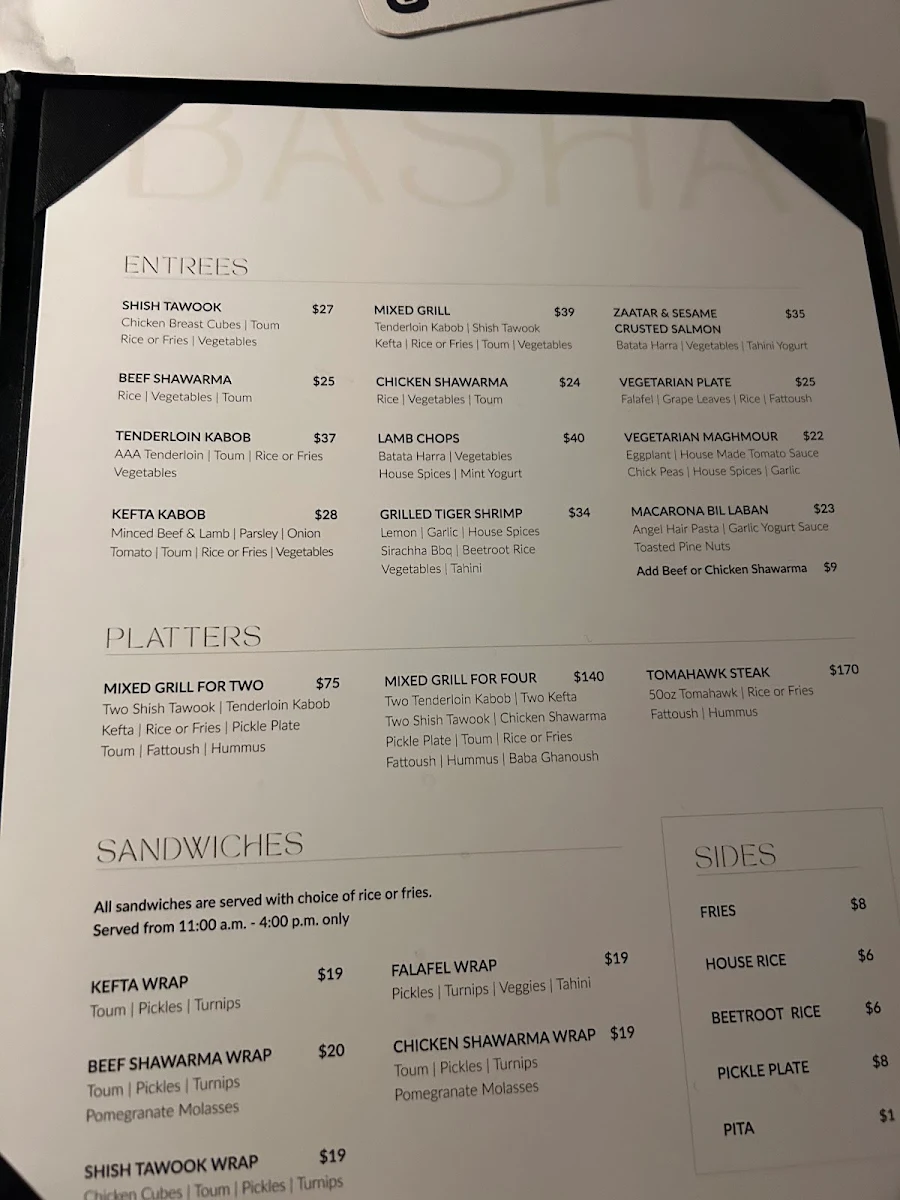 Menu, Basha Lebanese Restobar