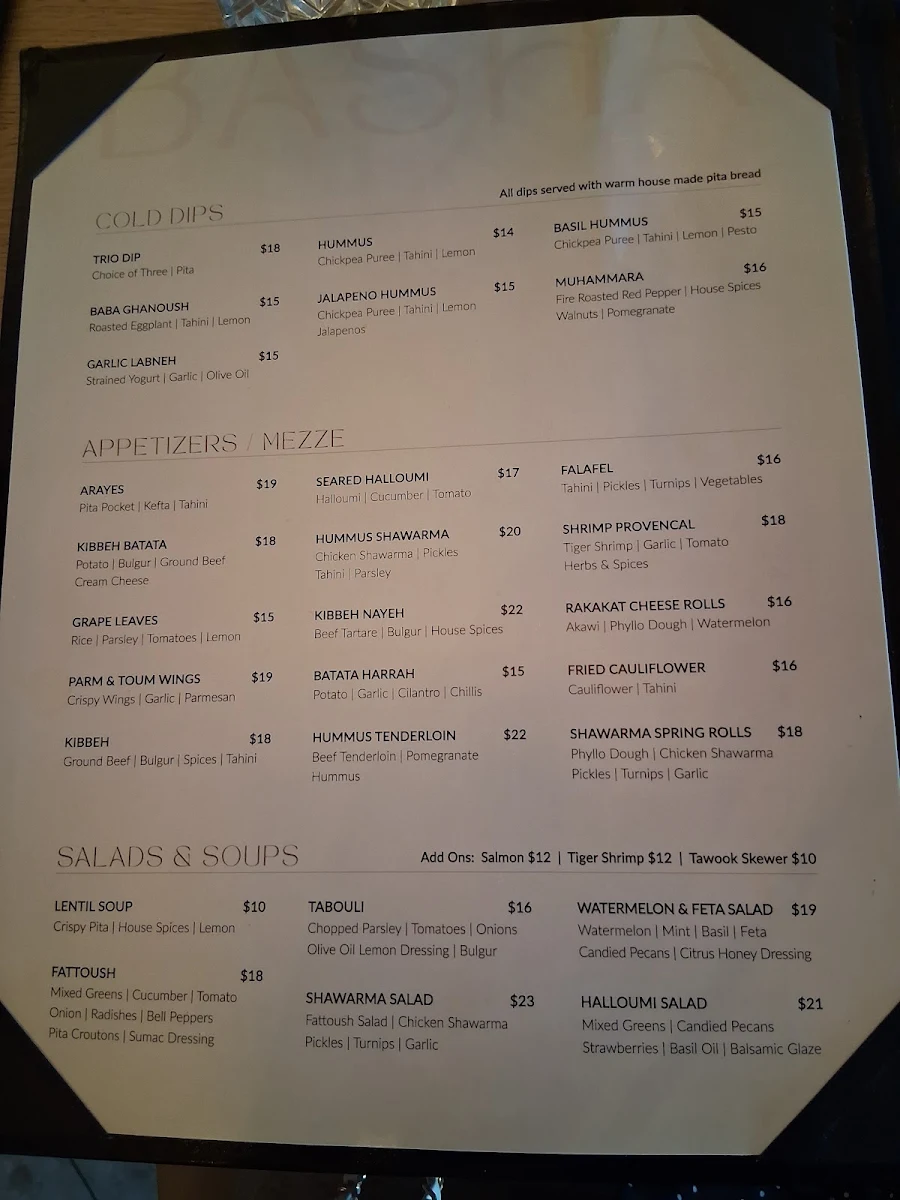 Menu, Basha Lebanese Restobar