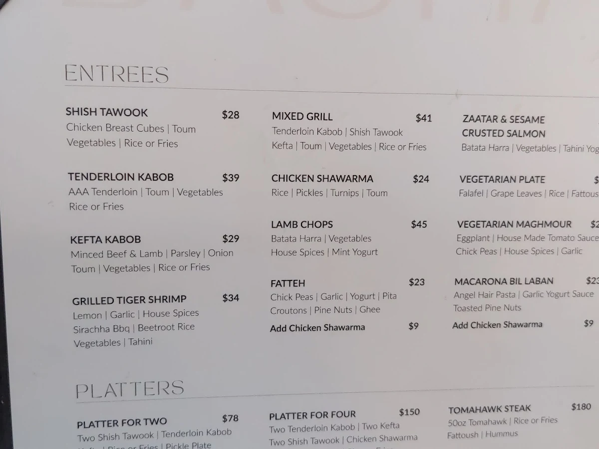 Menu, Basha Lebanese Restobar