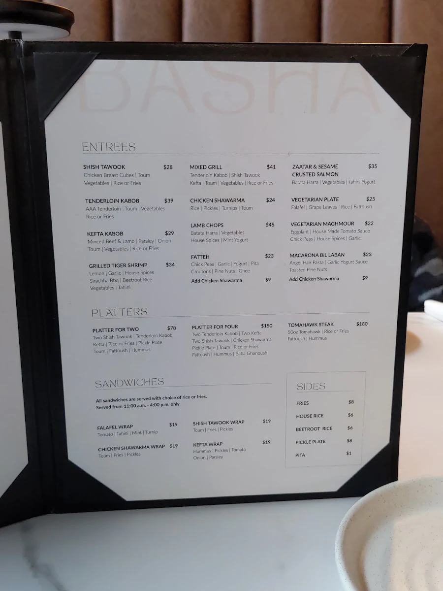 Menu, Basha Lebanese Restobar