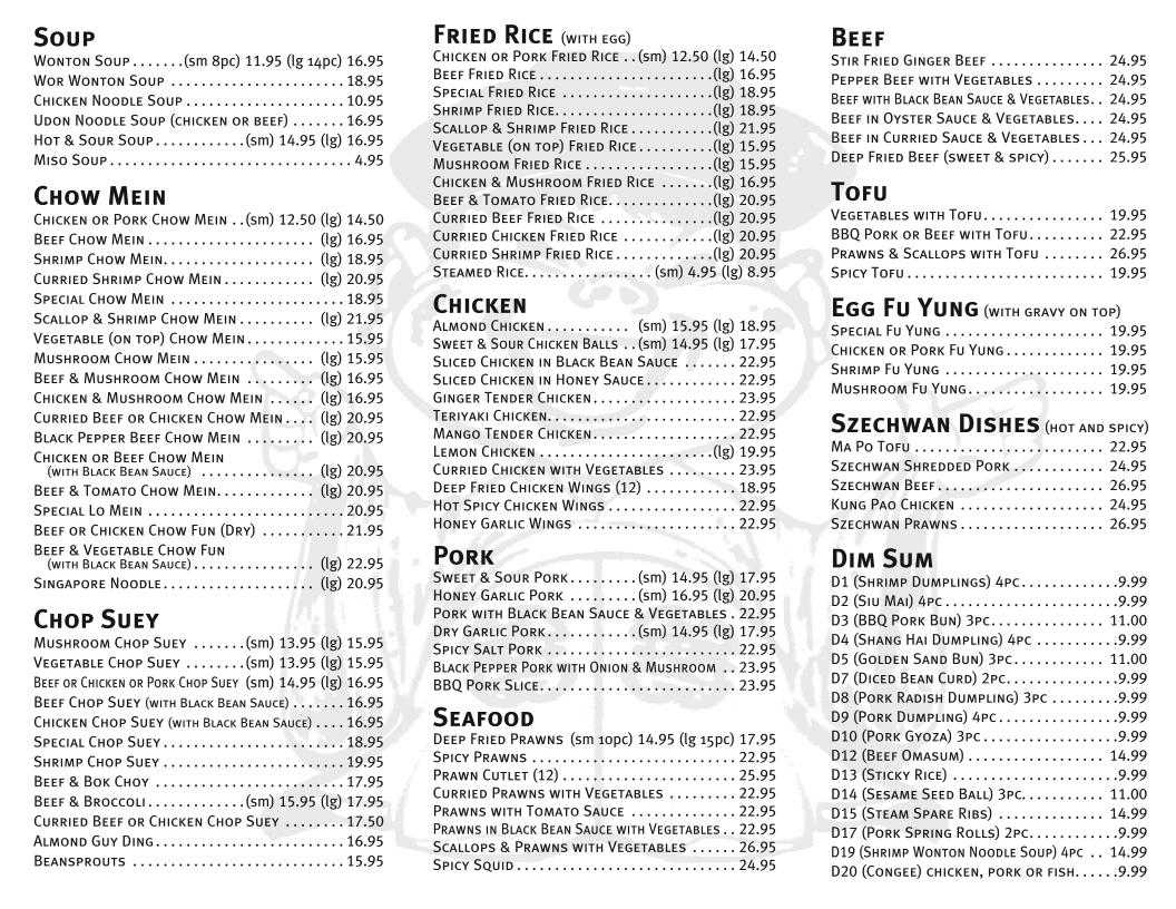 Menu, China Taste Restaurant Ltd