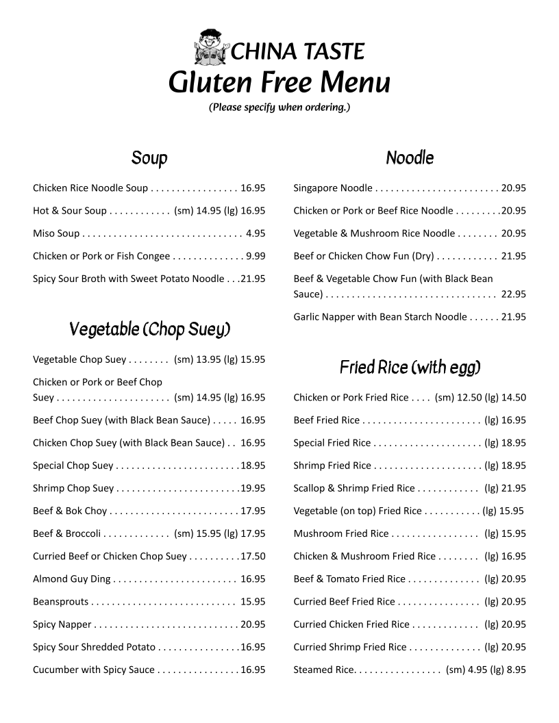 Menu, China Taste Restaurant Ltd