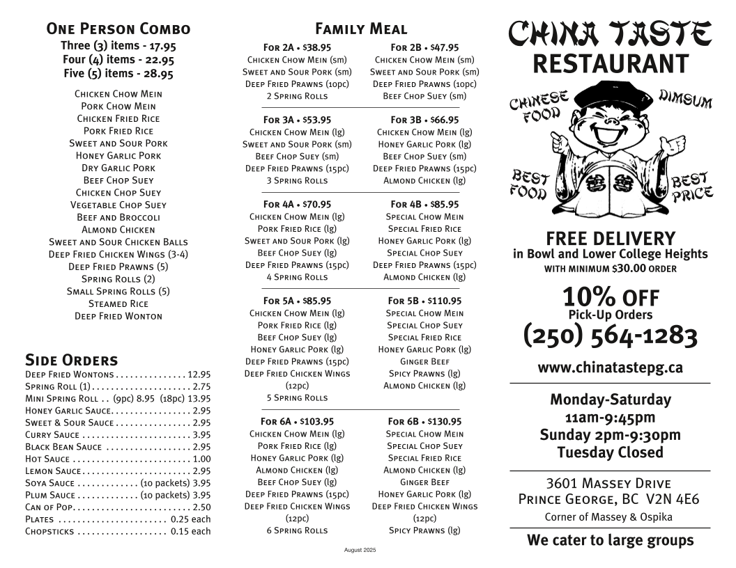 Menu, China Taste Restaurant Ltd