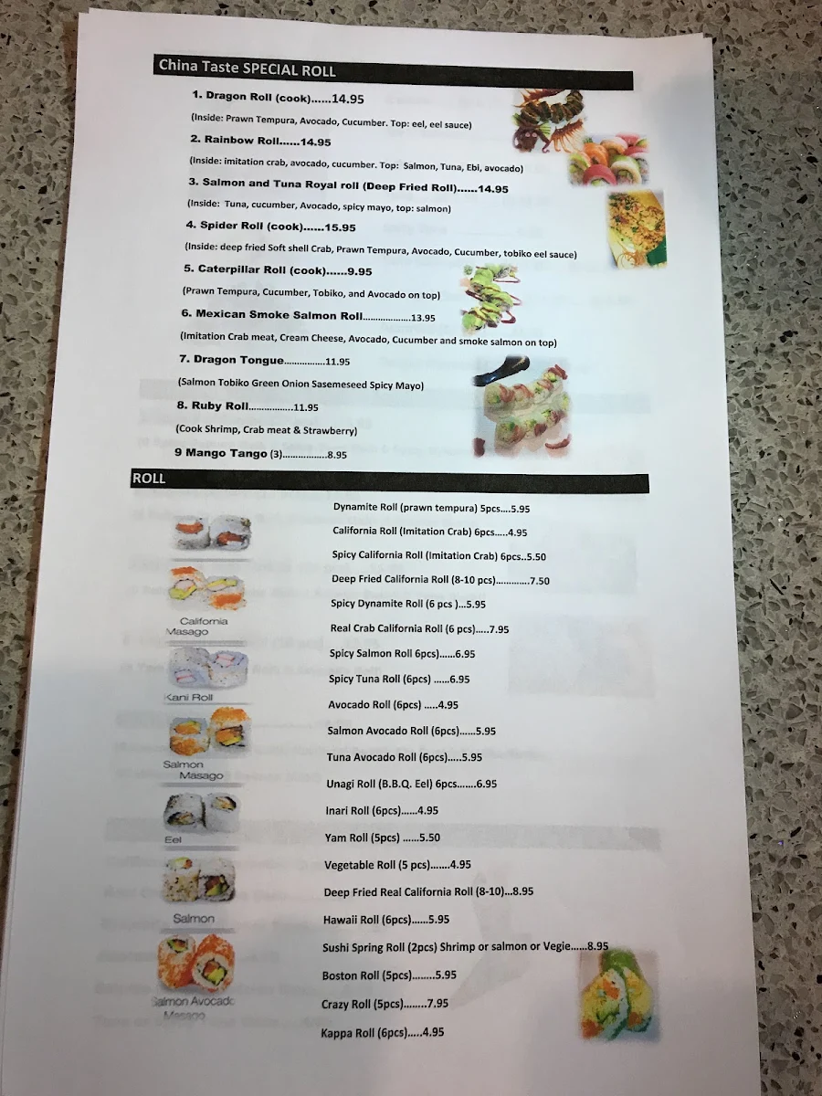 Menu, China Taste Restaurant Ltd