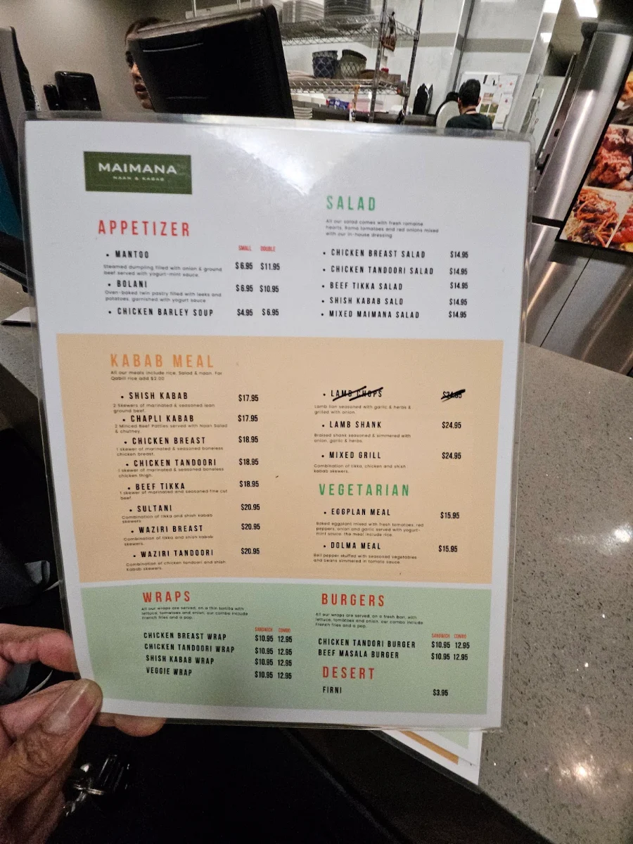 Menu, Maimana Naan and Kabab