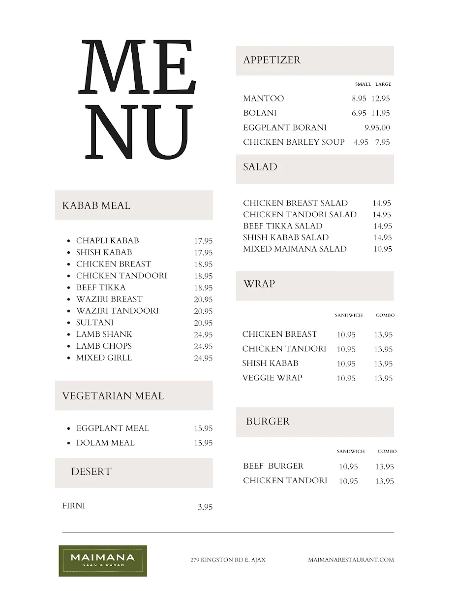 Menu, Maimana Naan and Kabab