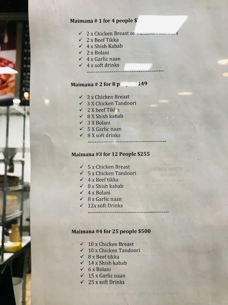 Menu, Maimana Naan and Kabab