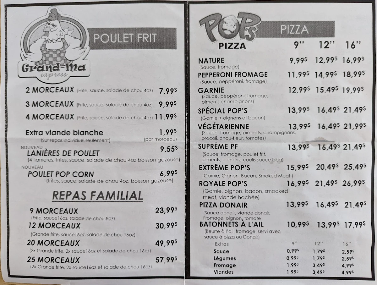 Menu, Poulet Frit Grand-Ma Express / Pop's Pizza