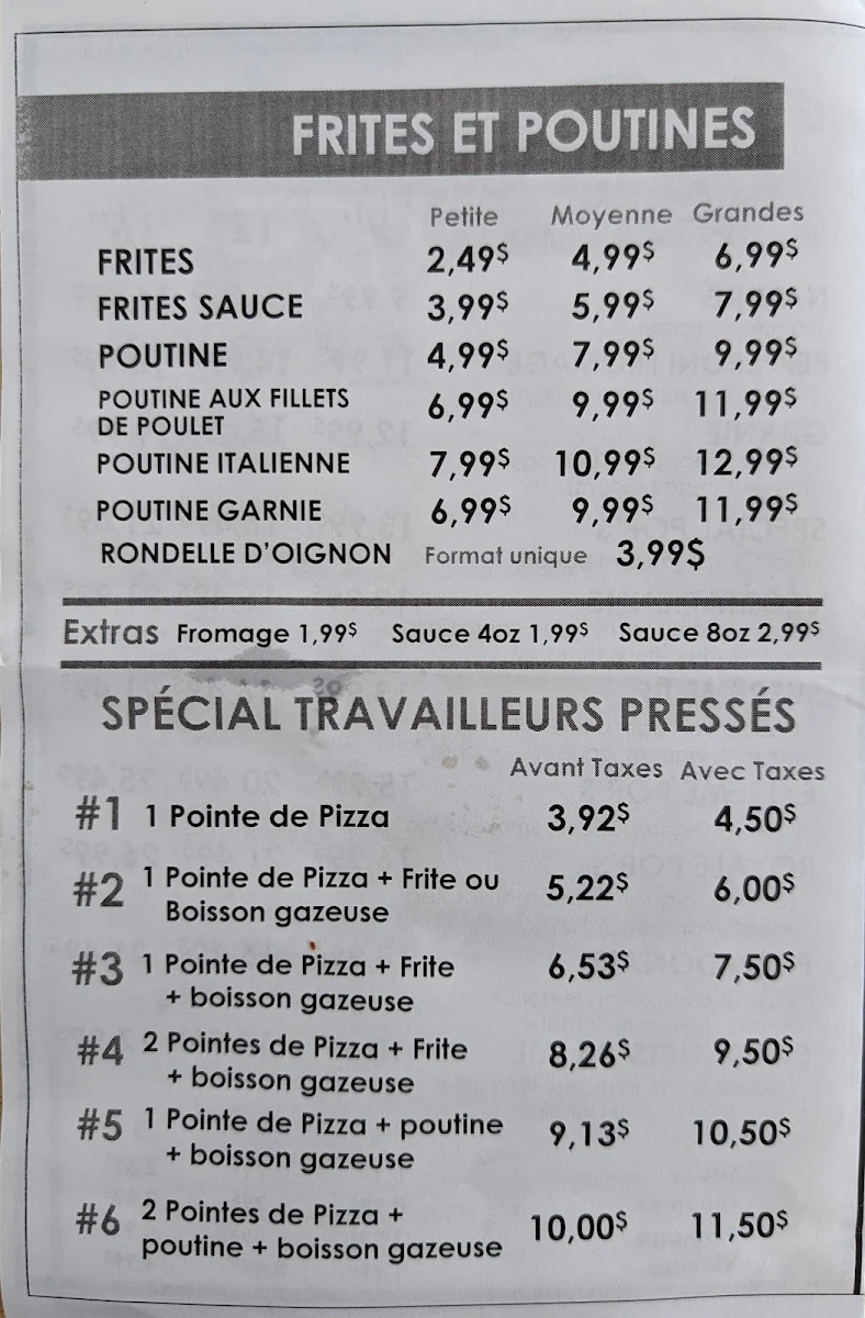 Menu, Poulet Frit Grand-Ma Express / Pop's Pizza